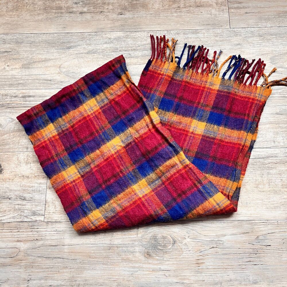 Merino Wool Plaid Scarf Red Blue Orange Amicale Fringe Winter Soft Vintage 63x11